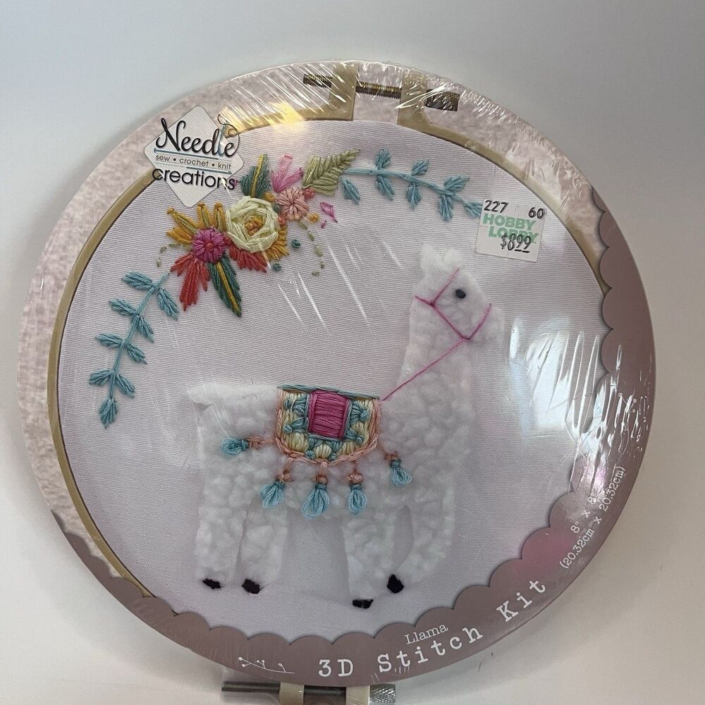 NISP FABRIC EDITIONS Needle Creations Embroidery Kit LLAMA 3D Stitch 8" Round